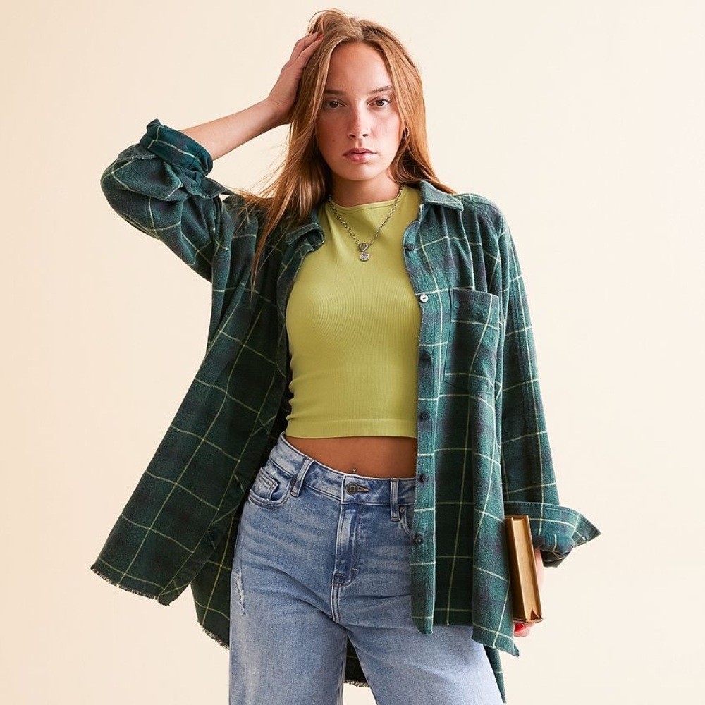 Urban Outfitters - Green/Blue Plaid Flannel Long Sleeve Full Length Shirt
